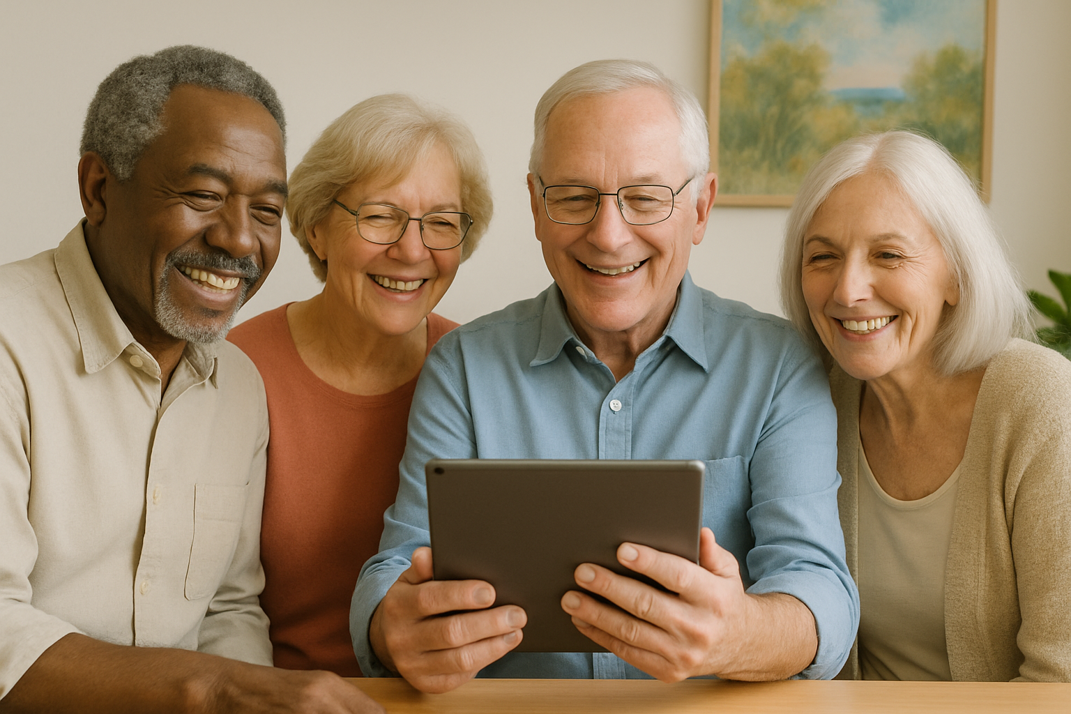 Grupo de idosos sorrindo enquanto pintam e usam tablet.